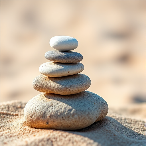 Create a high-resolution image of three stacked rocks, with a focus on a smooth white pebble on top, shot using a DSLR camera at f/2.8, 1/250s, ISO 100, in natural lighting with a shallow depth of field, capturing a close-up view against a blurred sandy background.