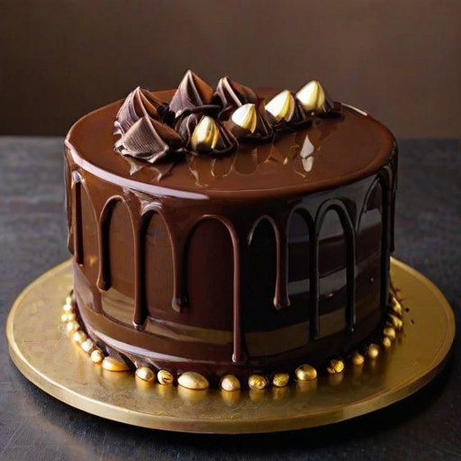Create an image of a rich chocolate cake with multiple layers, showcasing a glossy chocolate ganache draping down the sides. The top should be decorated with chocolate shards and golden accents, emphasizing a luxurious and indulgent appearance. The background should be dark to highlight the cake's details.