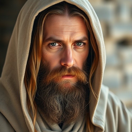 Create a high-resolution portrait of a man resembling a historical figure with long brown hair and a beard, wearing a simple, light-colored robe and hood, capturing a contemplative expression with soft natural lighting, using a Canon EOS R5, 50mm lens at f/1.8, ISO 100, 1/200 sec shutter speed, focused on the face with a shallow depth of field to create a blurred background.