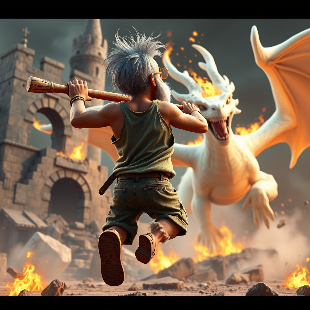 Cartoon 3D High-Resolution,dynamic battle scene using Unreal Engine 5 and Octane Render. The scene features back of an elderly, thai man with a beard,messy hair and round golden-rimmed glasses. He is wearing a tattered tank top with soot marks, shorts, and sandals. sweating. he wields a baseball bat. He jump to fight with a white fire-breathing Europe dragon amidst a partially destroyed stone castle. Include intense flames, smoke, and debris to enhance the dramatic effect.
