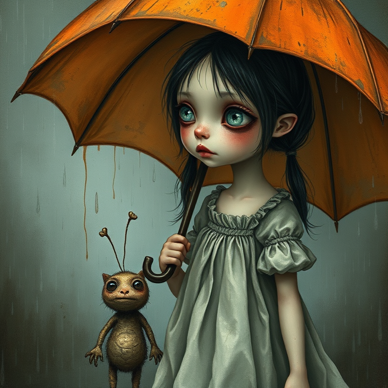 An eerie, weird little girl with dark hair in thin pigtails, wearing a smock dress, standing in the rain, holding a dirty orange umbrella, a small, odd creature beside her. In a surreal style inspired by Nicoletta Ceccoli and Brian Froud. Dark fantasy themes