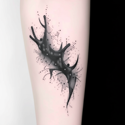Stipple shading tattoo titled "Whispers in Shadow" using thousands of tiny dots to create intricate gradients and textures in monochromatic black ink for a subtle yet detailed effect