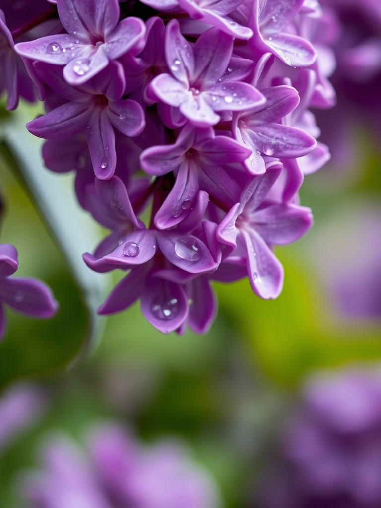Regenerate a close-up image of purple lilac flowers with water droplets, using a DSLR camera with a 50mm f/1.8 lens, aperture set to f/2.8, shutter speed at 1/200s, ISO 100, natural light with soft focus background for enhanced depth of field.