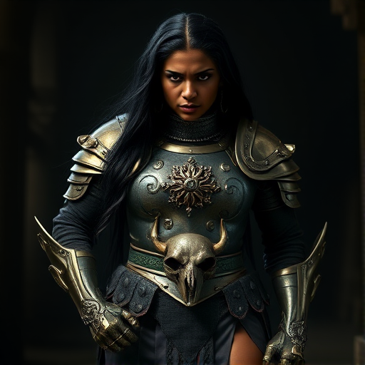 Create a photo of a fierce Hausa female warrior with long black hair, wearing an ornate, metallic armor. The armor includes a breastplate with intricate designs, shoulder guards, and gauntlets. The breastplate is decorated with a central emblem, possibly representing a mythical symbol, and has a sculpted, form-fitting design. She wears a belt with a large skull ornament at the center, and her armor extends into a partial skirt, revealing one leg. The overall look is both protective and stylish, with a dark, gothic aesthetic. The background is dimly lit, suggesting a medieval or fantasy setting, enhancing the warrior's imposing presence and intense expression.