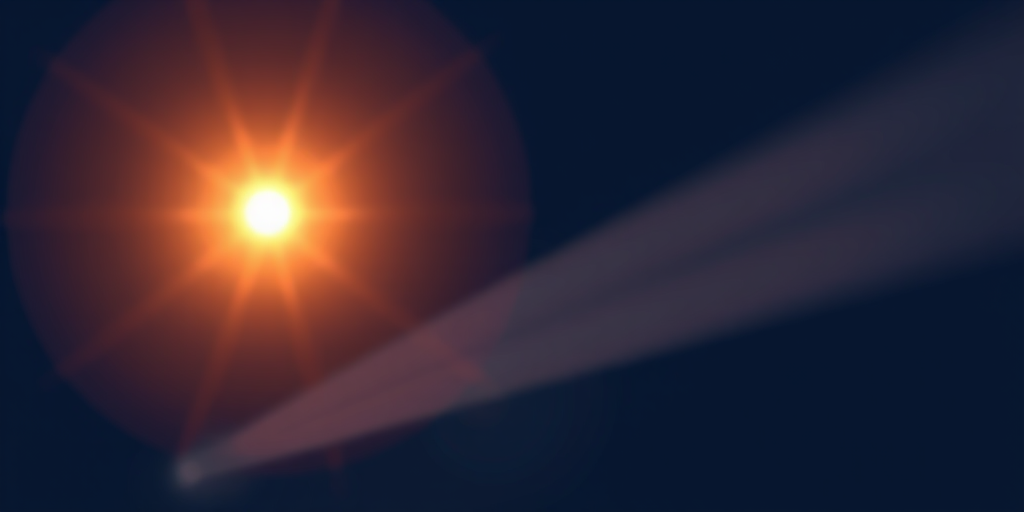 Create an illustration of a spotlight with a warm beam of light, using a digital drawing technique, captured from a low angle perspective, simulating a 50mm lens with an aperture of f/2.8 to create a soft background blur.