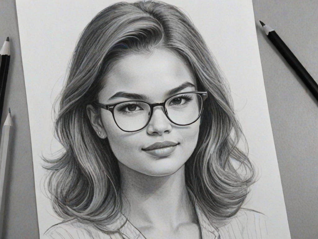 Splendid Paris Berelc, pencil sketch, portrait of Graceful woman 1964s in glasses, hair style beatnik, outline, clear lines, fine lines, 8k