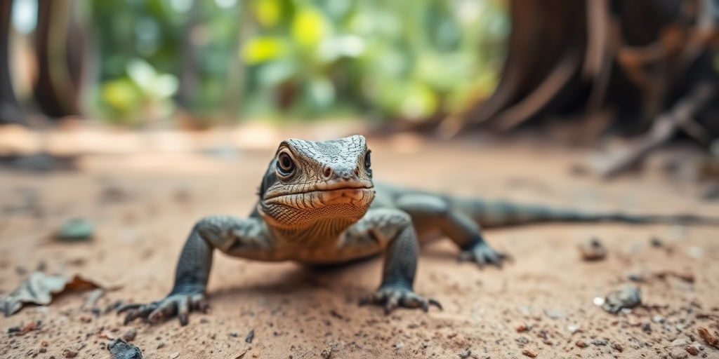 Close-up shot of a monitor lizard on sandy ground with natural foliage in the background, using a DSLR camera, aperture f/4, shutter speed 1/250 sec, ISO 200, 50mm lens, shallow depth of field for a soft background blur.