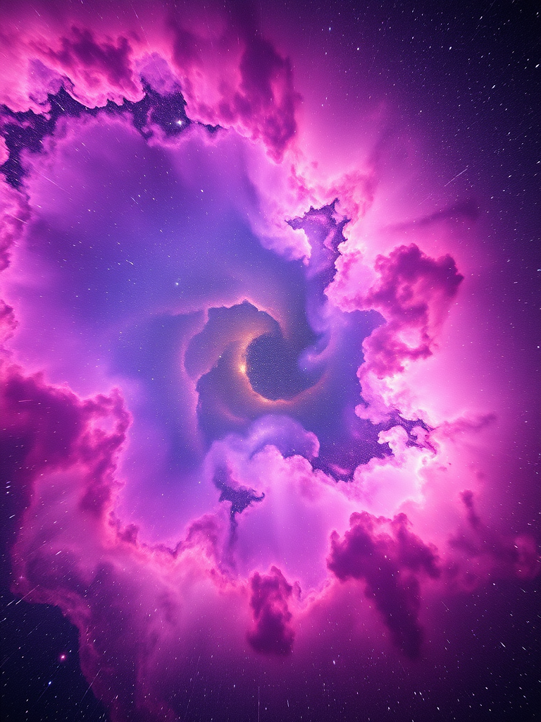 Generate a vibrant cosmic scene featuring a swirling cloud of stars and nebulae in shades of purple, pink, and gold, using a digital camera with a wide-angle lens, f/2.8 aperture, ISO 100, 20-second exposure, captured from a low angle to emphasize depth and scale.