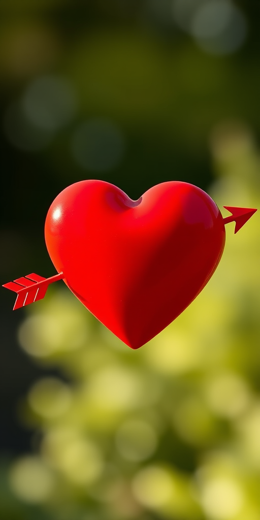 Create a high-resolution image of a stylized red heart with a dynamic arrow running through it, using a DSLR camera at 50mm focal length, f/1.8 aperture, ISO 100, natural soft lighting, and a shallow depth of field to enhance image quality.