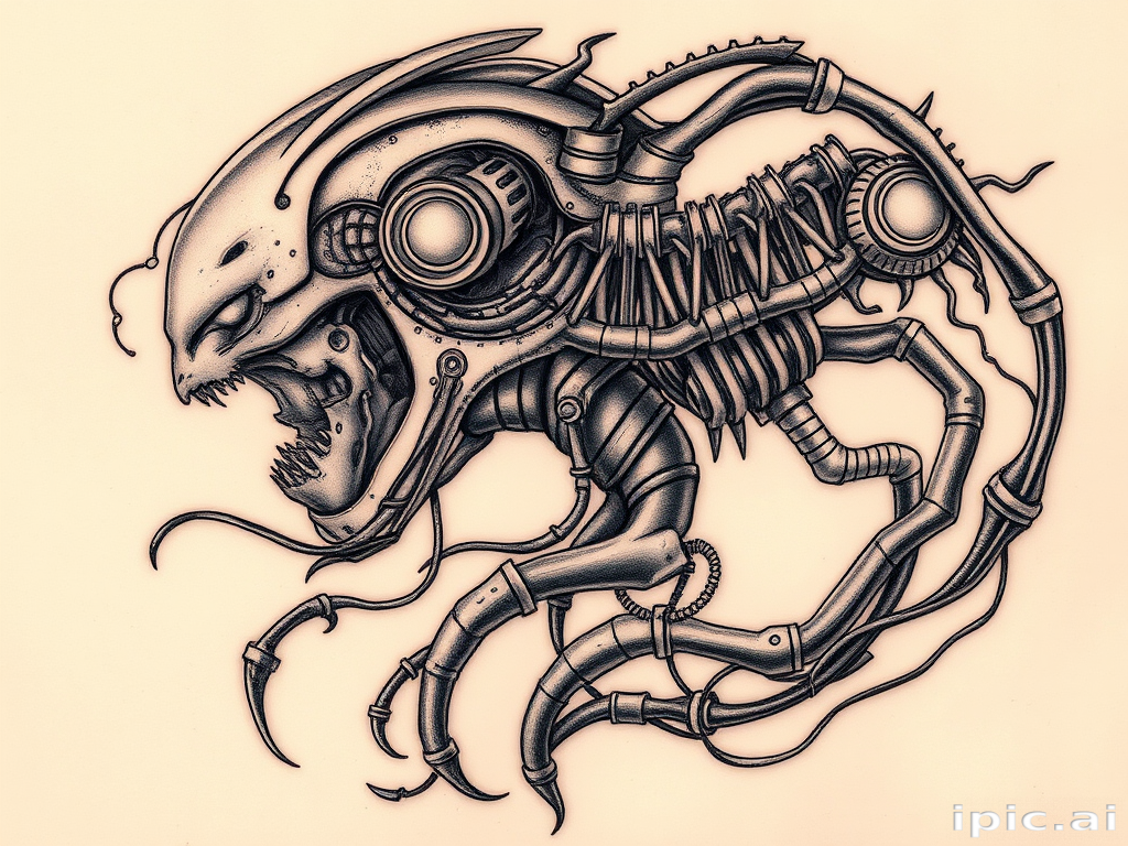 Biomechanical tattoo titled "Cyborg Evolution" merging organic forms with mechanical elements to create a futuristic hybrid aesthetic with metallic highlights and exposed inner workings