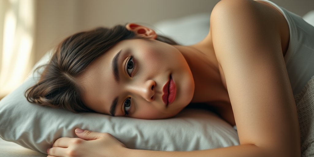 Regenerate an intimate portrait of a young woman laying on a pillow, soft natural lighting, 50mm lens, f/1.8 aperture, shallow depth of field, warm color tone, Canon EOS R camera, 1/100 sec shutter speed.