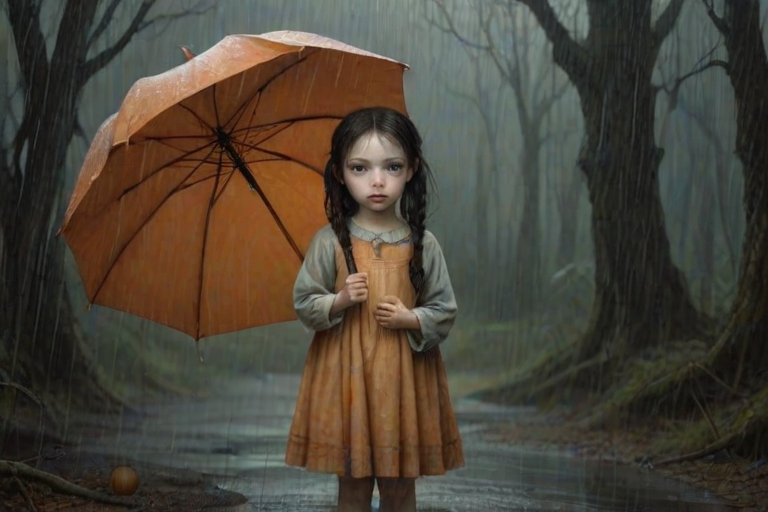 An eerie, weird little girl with dark hair in thin pigtails, wearing a smock dress, standing in the rain, holding a dirty orange umbrella, a small, odd creature beside her. In a surreal style inspired by Nicoletta Ceccoli and Brian Froud. Dark fantasy themes