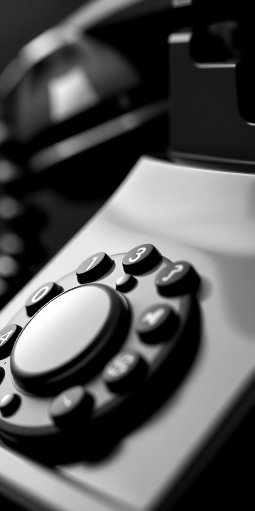 create an iconic black and white illustration of a classic telephone with a glossy finish, macro close-up view, shallow depth of field, shot on a DSLR camera with 50mm lens at f/1.8, ISO 100, shutter speed 1/100s, emphasize texture and detail