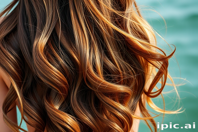 Luscious chocolate brown mermaid waves adorned with caramel highlights, Sun-Kissed Siren style, flowing down to the waist with natural-looking dimension and beachy texture