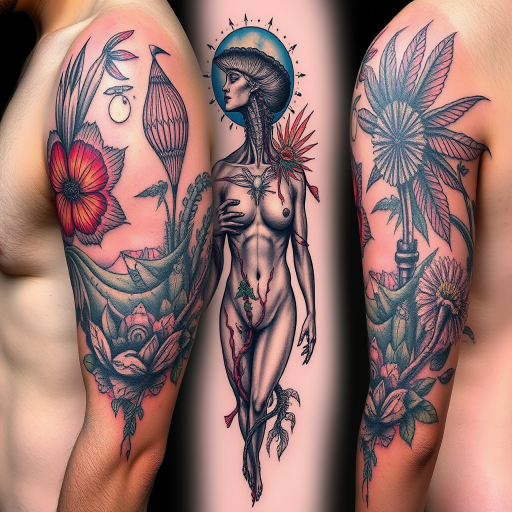 Surrealist tattoo called "Dreamscape Fusion" blending elements of nature and human anatomy in unexpected ways, creating a thought-provoking and visually striking piece, celebrated for its imaginative concepts