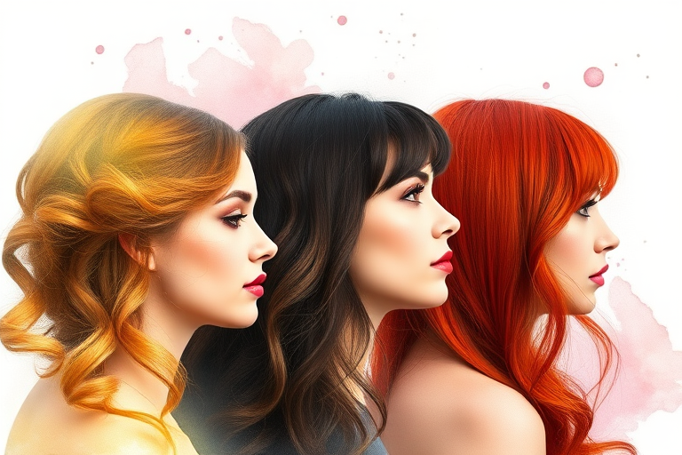 Create a high-resolution portrait with three women in profile view, each with distinct hairstyles and hair colors, incorporating a watercolor effect in the background, shot with a Canon EOS R5 at f/4, 50mm lens, ISO 100, natural lighting.