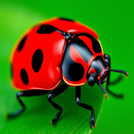 Create a detailed graphic illustration of a stylized red and black bug with prominent spots, set against a vibrant green background, captured using a DSLR camera with a macro lens at f/8, ISO 200, and a shutter speed of 1/60s for optimal clarity and depth of field.