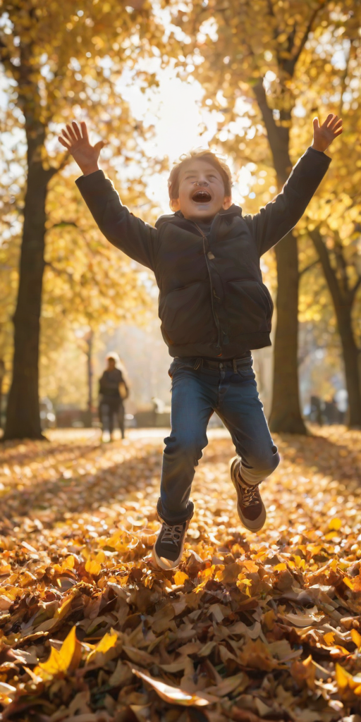 Blurry action shot of a young boy jumping into a pile of autumn leaves in a park, soft golden light filtering through the trees, with leaves scattering into the air and distant families playing in the background.