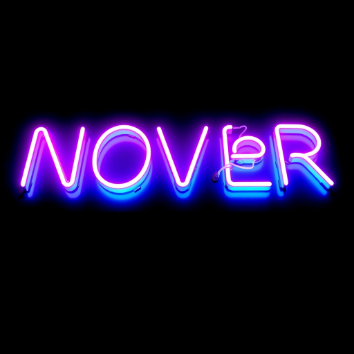 Create a neon sign design featuring the phrase "NOW or NEVER" in bright pink and blue colors on a black background, shot with a DSLR camera, 50mm lens, aperture f/1.8, ISO 100, with a shallow depth of field for enhanced clarity and a low-angle view to capture the glow.
