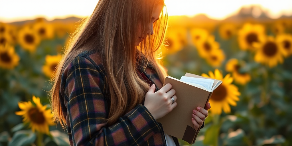 a young woman with long hair wearing a plaid jacket embraces a book in a sunflower field during golden hour, soft focus, aperture f/1.8, shutter speed 1/200s, ISO 100, 50mm lens, DSLR camera, warm tones, shallow depth of field