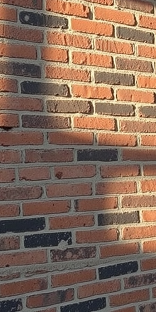 Create a high-resolution texture of a weathered brick wall with a mix of red and black bricks, emphasizing the rough surface and detailed imperfections, using a DSLR camera at f/8 aperture, ISO 100, 50mm lens, and natural light from a side source to enhance shadows and highlights.