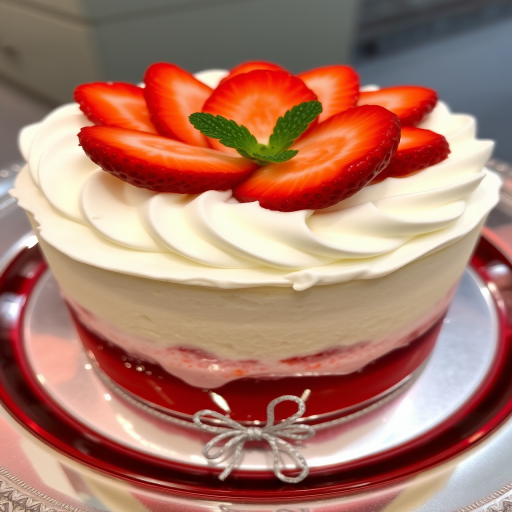 A delicious layered dessert with a soft sponge base topped with a creamy layer of whipped cream and fresh sliced strawberries, featuring a vibrant red jelly layer beneath, displayed on a decorative silver plate.