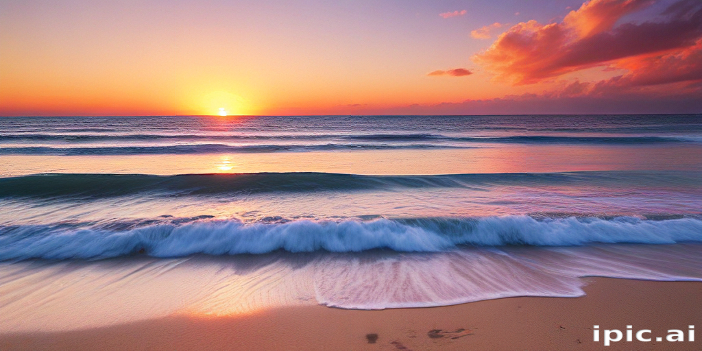 Tranquil Sunset Over Serene Ocean Waves and Sandy Beach Shoreline.