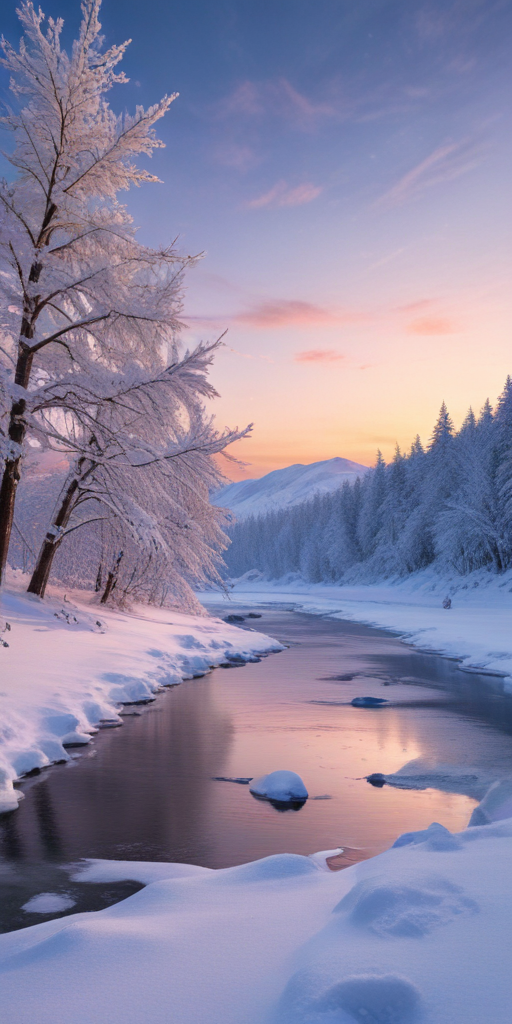 Winter Serenity: A Peaceful River Surrounded by Snow-Covered Trees at Dusk