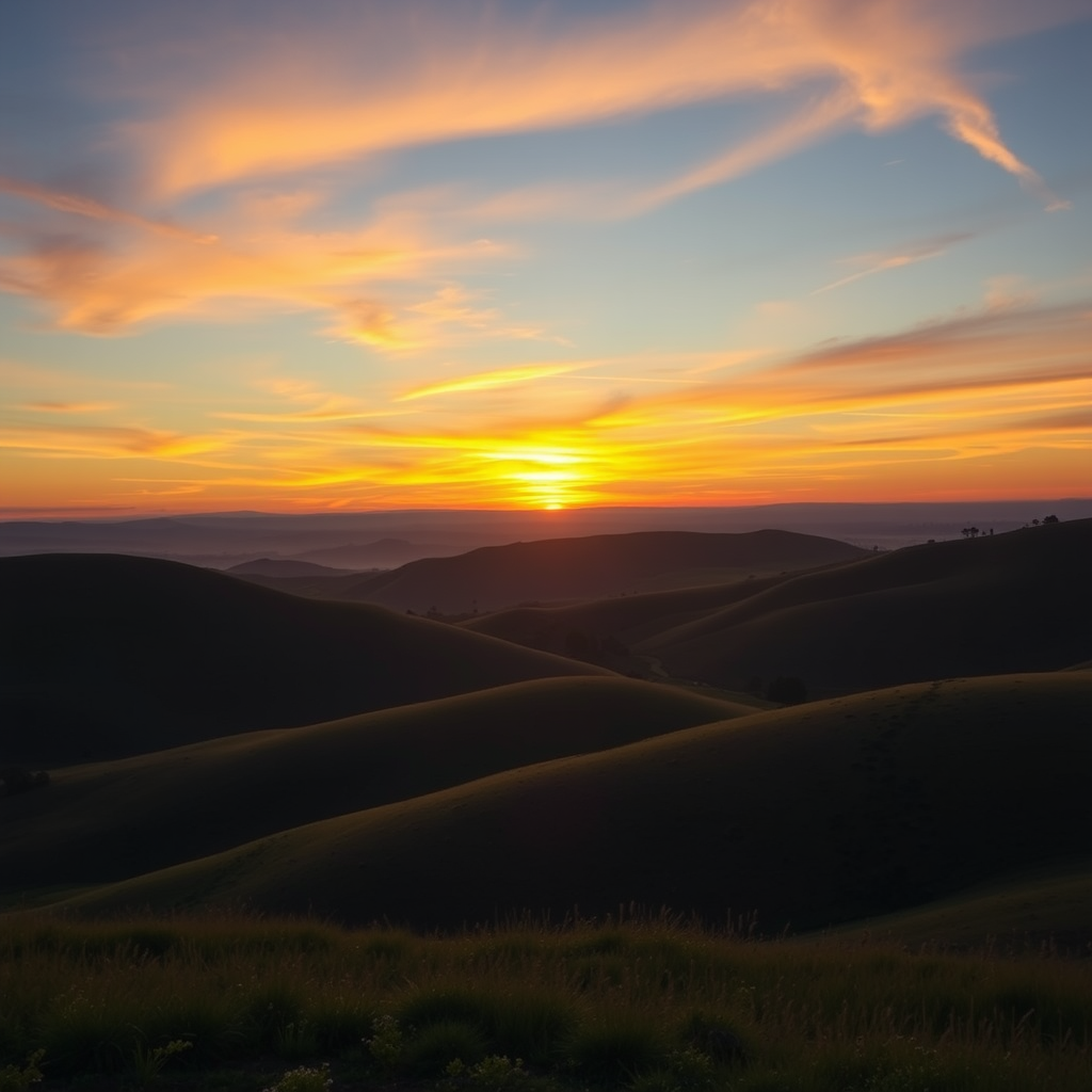Generate a high-resolution image of a serene landscape featuring rolling hills and a sunrise with vibrant colors, shot with a Canon EOS 5D Mark IV, 24mm lens, aperture set to f/8, ISO 100, in landscape orientation, using a soft focus style.
