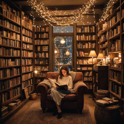 Cozy bookshop with a reading corner, a woman lost in a novel on a plush armchair, fairy lights twinkling overhead, and the scent of coffee wafting through the air.