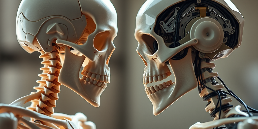 Generate a high-resolution image of a human skeleton and a robotic skull facing each other with intricate details, shot with a DSLR camera at f/1.8, ISO 200, 50mm lens, in soft natural lighting, with a shallow depth of field to enhance the foreground.
