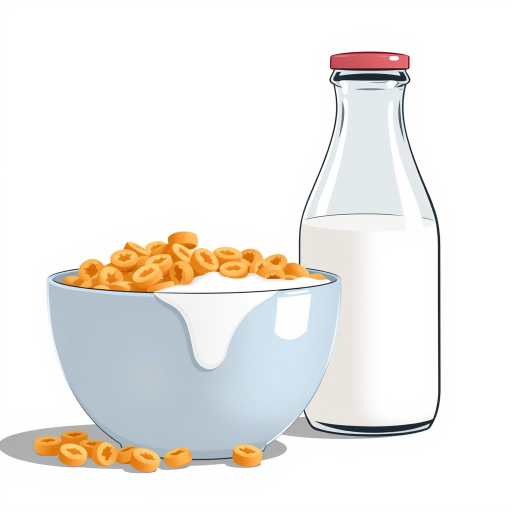 a high-resolution illustration of a bowl of cereal with milk and a glass milk bottle on a plain background, using a Canon EOS 5D Mark IV camera, 50mm lens, f/2.8 aperture, 1/125s shutter speed, and natural light to enhance clarity and detail
