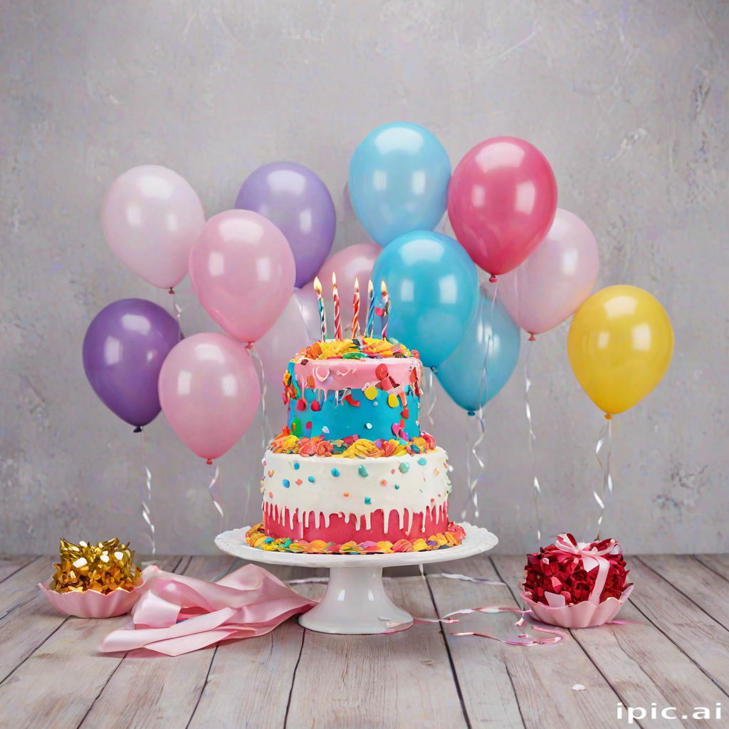 Colorful Birthday Cake Surrounded by Balloons and Festive Decorations ...
