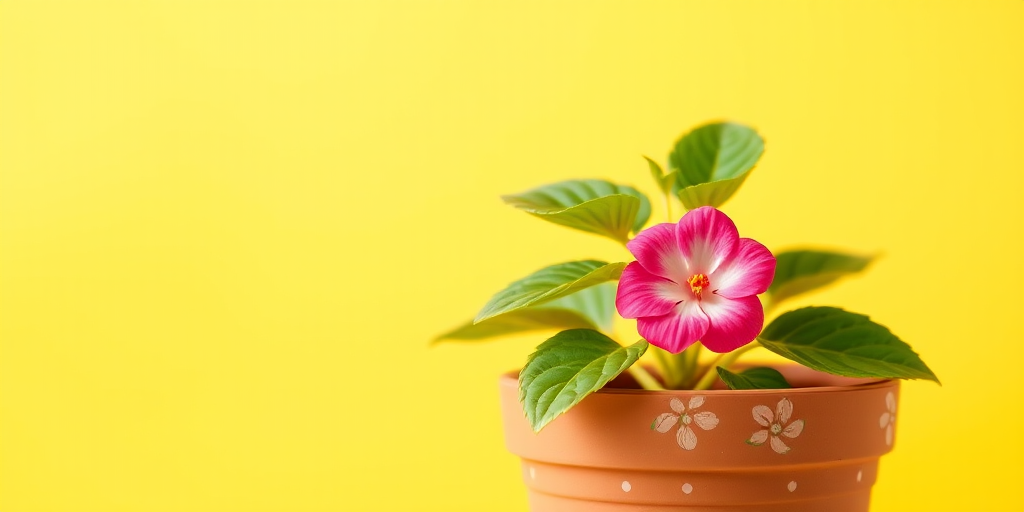 A simple flower pot with a pink flower and green leaves against a bright yellow background, captured with a DSLR camera, 50mm lens, aperture f/2.8, ISO 100, focused in a shallow depth of field for a soft background blur.