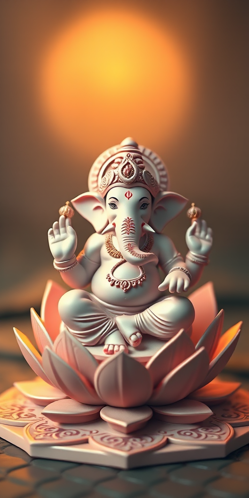 Create a 3D model of a stylized Ganesh sitting on a lotus flower with intricate patterns, using a Canon EOS R5, 85mm lens, f/1.8 aperture, ISO 100, soft lighting from above, with a shallow depth of field to enhance details and create a serene atmosphere.