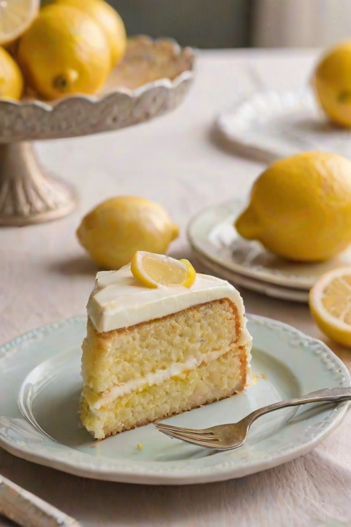 Regenerate an image of a slice of lemon cake with a creamy frosting topped with lemon slices on a decorative plate, with a blurred background featuring more cake in the distance. The setting should have a light, fresh aesthetic.