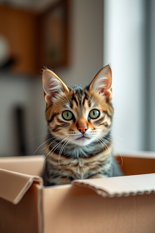 A tabby cat sitting in a cardboard box with sharp focus and soft background, natural lighting, 50mm lens, f/1.8 aperture, ISO 200, shutter speed 1/100 sec, taken with a DSLR camera from a slightly elevated angle.