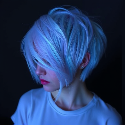 Ethereal Moonbeam Tresses showcase a silvery-white pixie cut with iridescent blue undertones, creating an otherworldly shimmer that seems to glow in the darkness