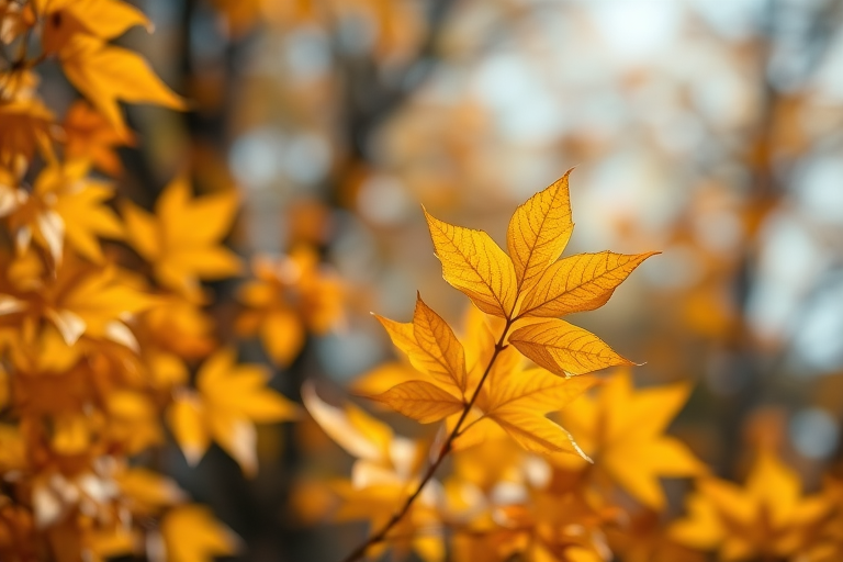 Capture a vibrant autumn scene with golden leaves in focus against a softly blurred background, using a DSLR camera with a 50mm lens, aperture set to f/1.8, shutter speed at 1/200s, ISO 100, natural lighting, and taken at eye level to emphasize the rich colors and textures.