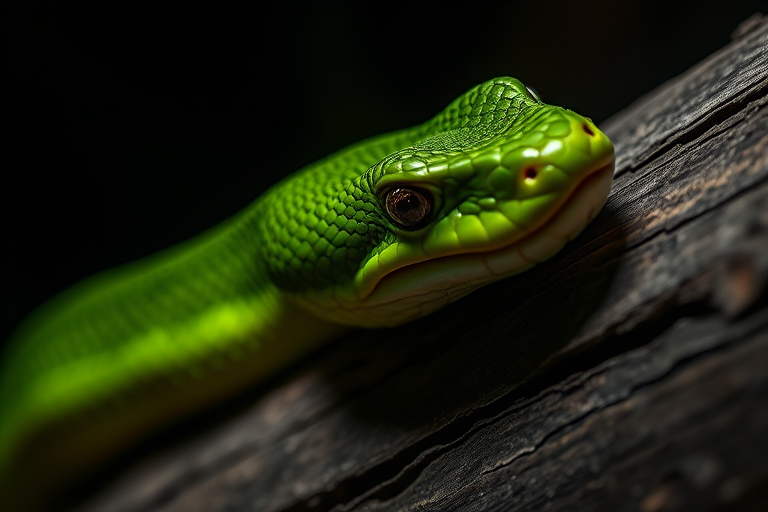 a close-up of a green snake resting on a wooden log in a dark setting with soft lighting highlighting its scales and features