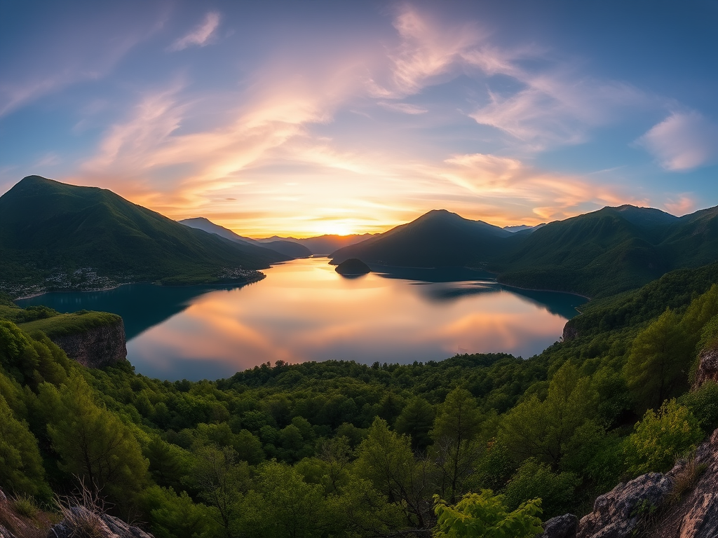 Generate a high-quality image of a serene landscape featuring a calm lake surrounded by lush green mountains during sunset, captured with a DSLR camera using a 24mm lens at f/8, ISO 100, and a shutter speed of 1/125 sec, in a panoramic view for a wide perspective.