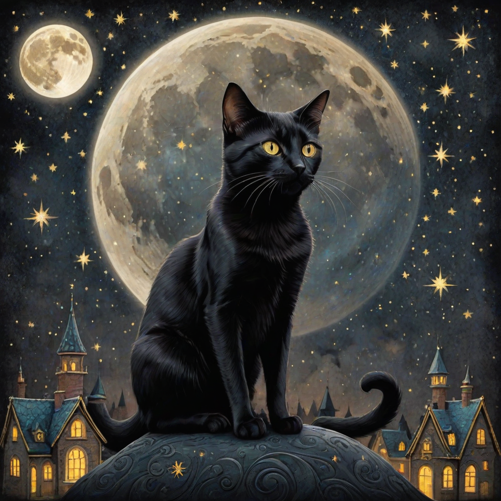 a stylized black cat with iridescent golden arabesques all over its body, on a grungy smoky black background with matching celestial designs, a full moon with silhouettes of lit houses, bright shooting stars, dazzling, magical BG, reminiscent of Christmas wonderland