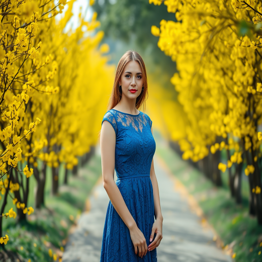 Portrait of a woman in a blue lace dress standing among vibrant yellow flowering trees on a pathway, natural light, 85mm lens, f/2.8, ISO 200, soft focus, taken with a DSLR camera.