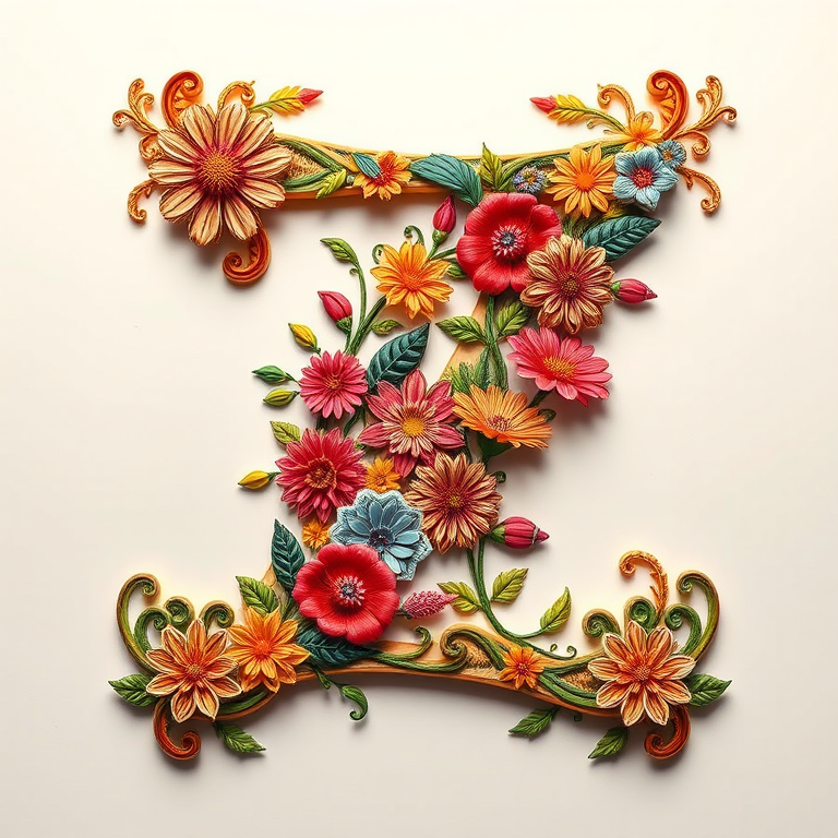 Create an ornate letter Z with intricate floral designs in vibrant colors, captured with a DSLR camera, 50mm lens, f/2.8 aperture, ISO 100, in a well-lit studio setting, top-down view, high-resolution.