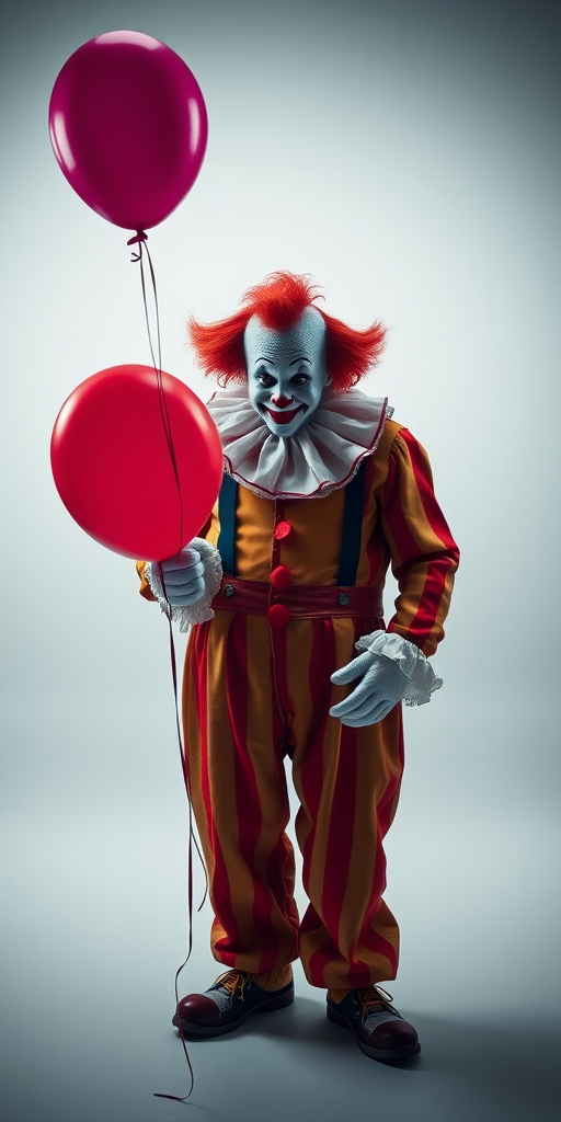 create a highly detailed image of a clown holding a balloon in a studio setting with soft lighting, using a 50mm lens at f/2.8, ISO 100, and a shutter speed of 1/125, captured with a DSLR camera from a slightly low angle for a dynamic perspective