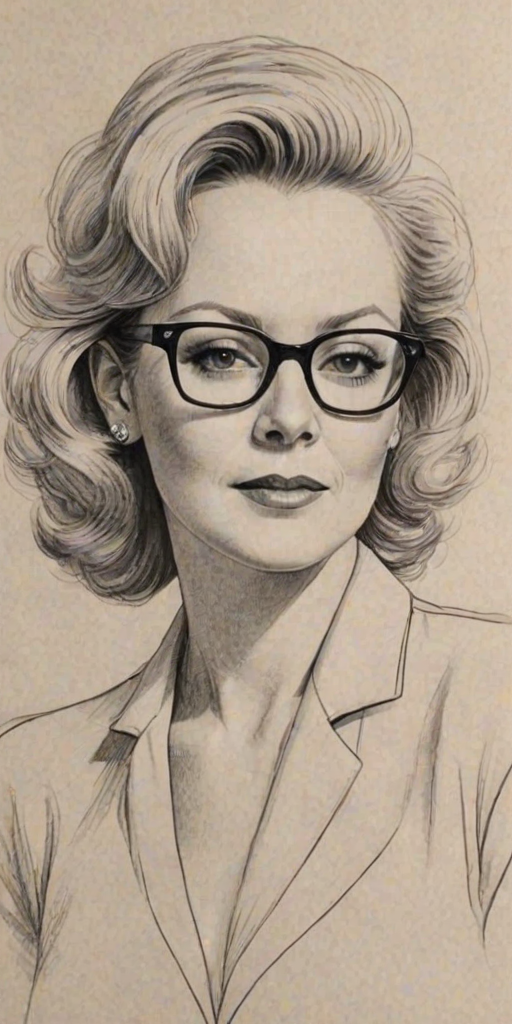 Appealing Jean Smart, pencil sketch, portrait of Graceful woman 1942s in glasses, hair style beatnik, outline, clear lines, fine lines, 8k