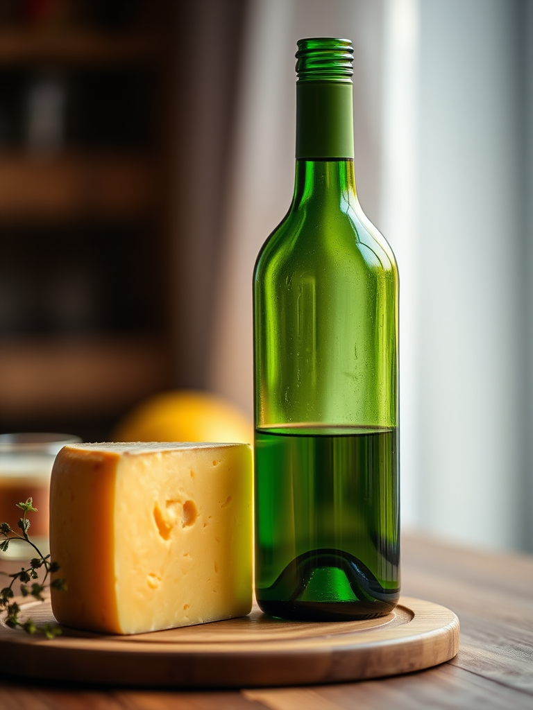 create a high-resolution image of a green wine bottle next to a wedge of yellow cheese using a DSLR camera with a 50mm lens, aperture f/2.8, ISO 100, soft natural lighting from the side, shallow depth of field for background blur.
