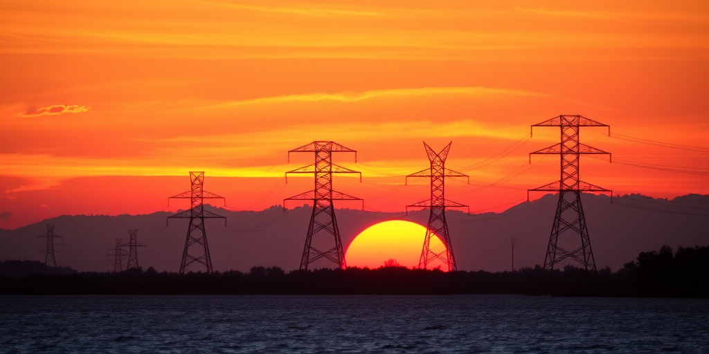 Generate an image of a sunset over water with electricity pylons silhouetted against the sky, capturing vibrant colors, use a DSLR camera with a 50mm lens, f/8 aperture, ISO 100, 1/250 sec shutter speed, and golden hour lighting for enhanced quality.