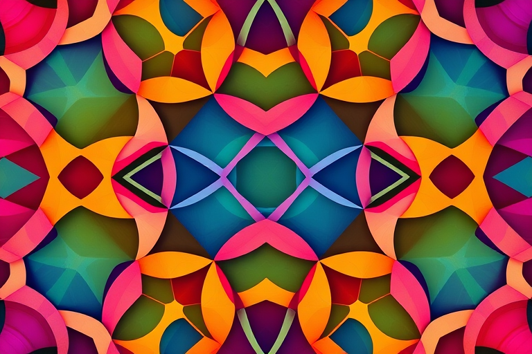 Create a high-resolution illustration of an abstract geometric pattern featuring interlocking shapes with vibrant colors, taken with a DSLR camera at f/8 aperture, ISO 100, 50mm lens, in a top-down view, using a high dynamic range imaging style.