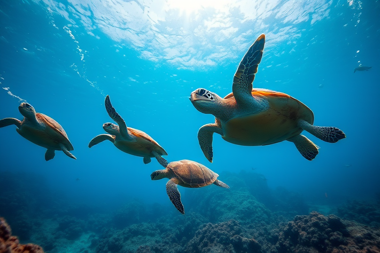 a vibrant underwater scene featuring multiple sea turtles swimming gracefully, captured with a Canon EOS 5D Mark IV, 24mm lens, f/8 aperture, ISO 400, 1/200s shutter speed, with a wide-angle perspective and natural sunlight filtering through the water for enhanced clarity and color richness